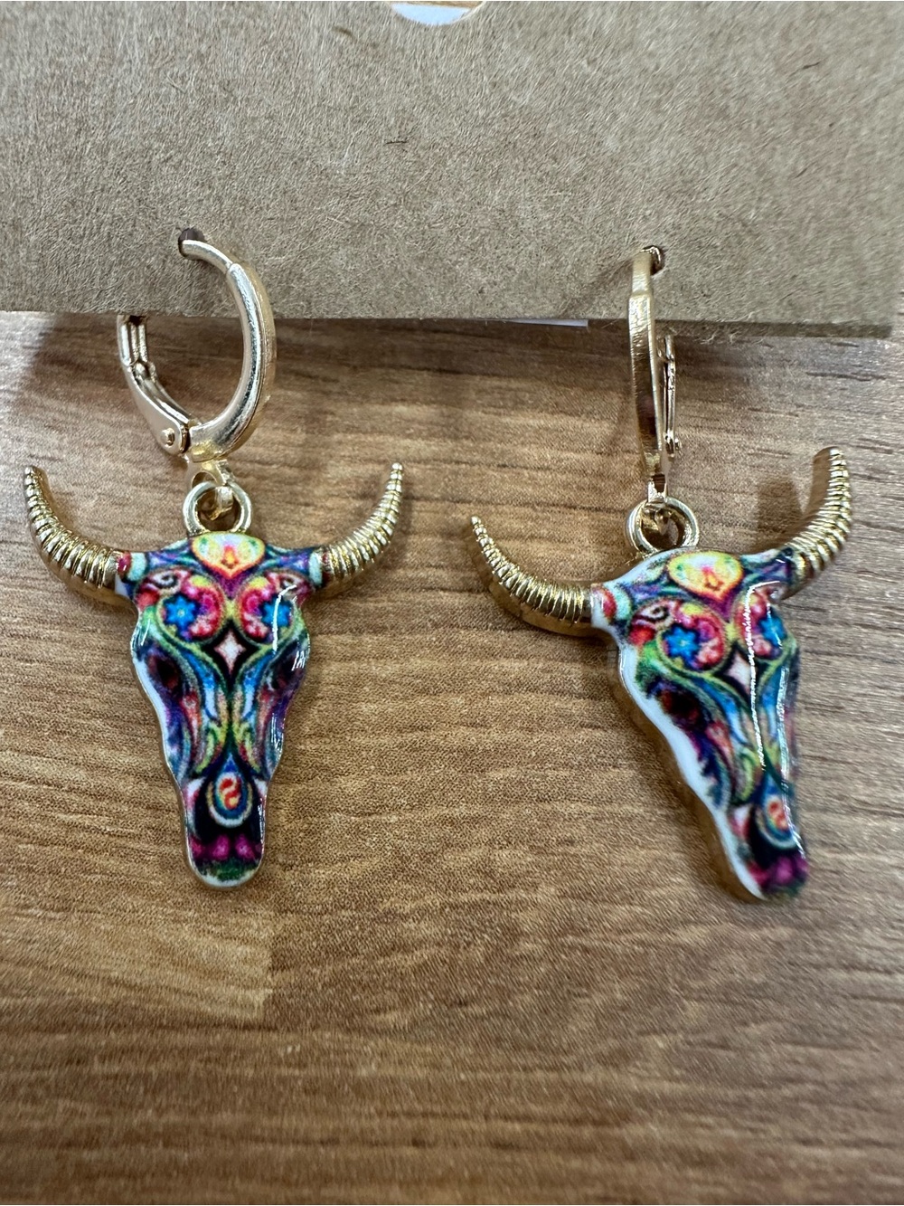 Multicolor Bull Skull Drop Earrings with Gold Hoops